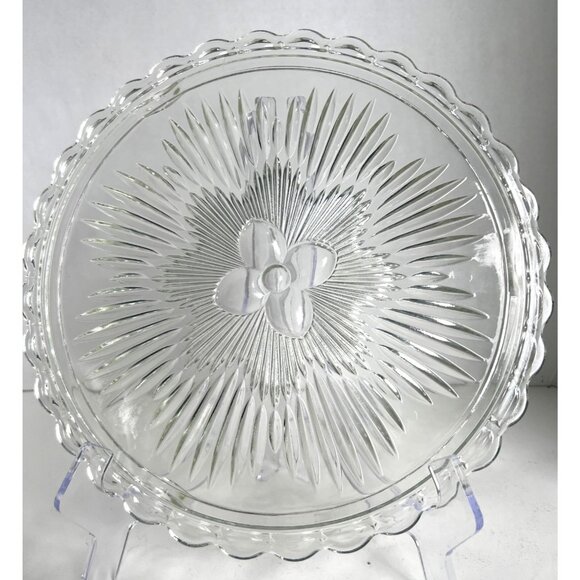 EAPG Indiana Clear Glass Serving Cake Plate Sunburst Design Scalloped Atomic Age - Picture 1 of 8